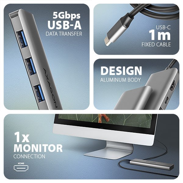 AXAGON HMC-5H, USB 5Gbps hub, 3x USB-A, HDMI 4k/ 30Hz, PD 100W, kabel USB-C 100cm - obrázek č. 2