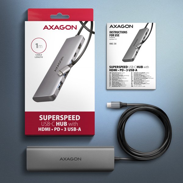 AXAGON HMC-5H, USB 5Gbps hub, 3x USB-A, HDMI 4k/ 30Hz, PD 100W, kabel USB-C 100cm - obrázek č. 5