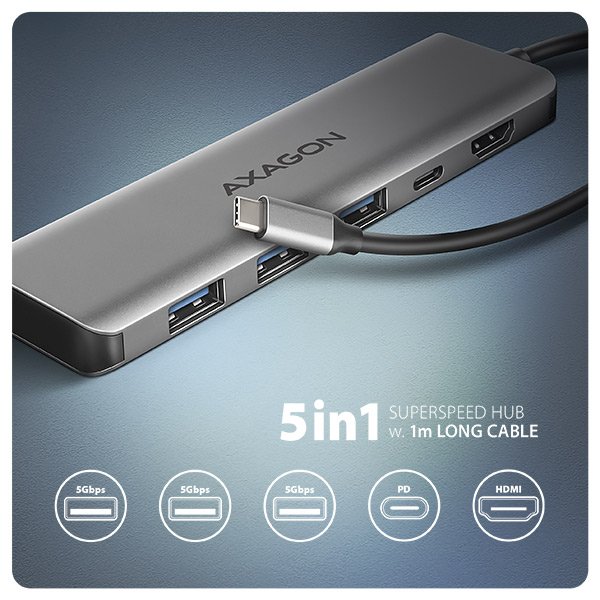 AXAGON HMC-5H, USB 5Gbps hub, 3x USB-A, HDMI 4k/ 30Hz, PD 100W, kabel USB-C 100cm - obrázek č. 1