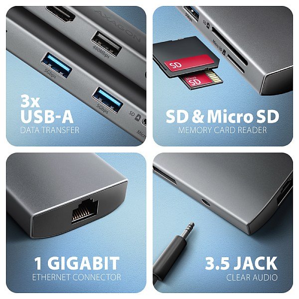 AXAGON HMC-8HLSA, USB 5Gbps hub, 3x USB-A, HDMI 4k/ 60Hz, RJ-45 GLAN, SD/ microSD, audio, PD 100W - obrázek č. 2