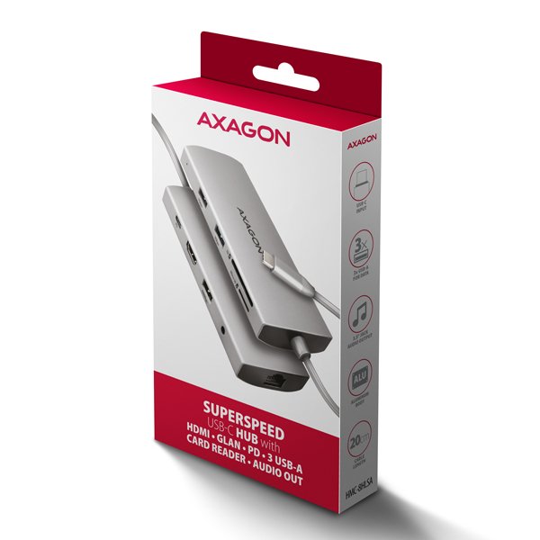 AXAGON HMC-8HLSA, USB 5Gbps hub, 3x USB-A, HDMI 4k/ 60Hz, RJ-45 GLAN, SD/ microSD, audio, PD 100W - obrázek č. 8