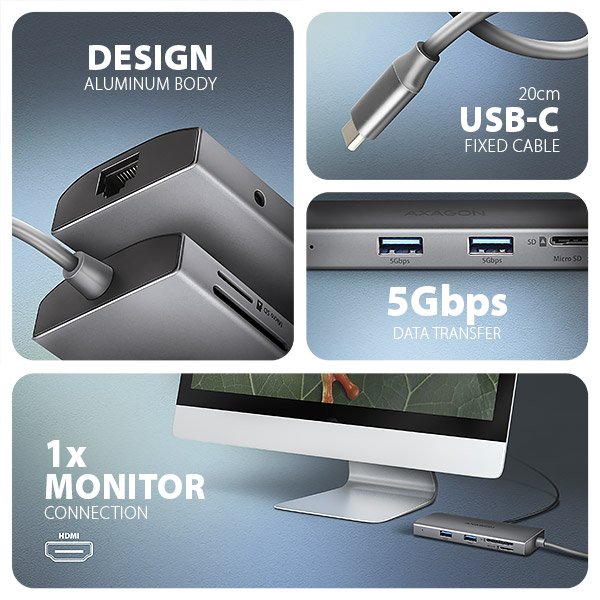 AXAGON HMC-8HLSA, USB 5Gbps hub, 3x USB-A, HDMI 4k/ 60Hz, RJ-45 GLAN, SD/ microSD, audio, PD 100W - obrázek č. 3