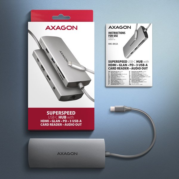 AXAGON HMC-8HLSA, USB 5Gbps hub, 3x USB-A, HDMI 4k/ 60Hz, RJ-45 GLAN, SD/ microSD, audio, PD 100W - obrázek č. 7