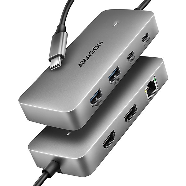 AXAGON HMC-CUB83X2, USB 10Gbps hub, 2x USB-A, USB-C, HDMI & DP 4k / 144Hz, RJ-45, PD 100W, kabel 15cm - obrázek produktu