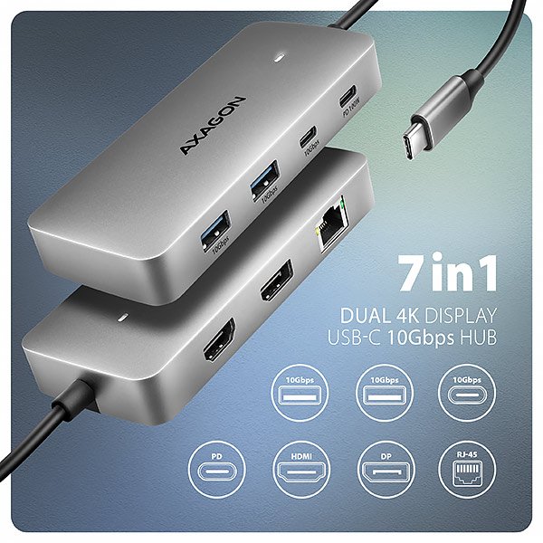 AXAGON HMC-CUB83X2, USB 10Gbps hub, 2x USB-A, USB-C, HDMI & DP 4k / 144Hz, RJ-45, PD 100W, kabel 15cm - obrázek č. 1