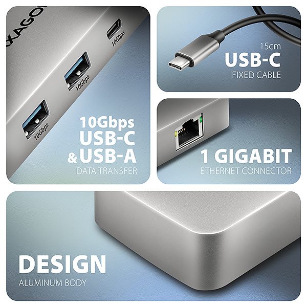 AXAGON HMC-CUB83X2, USB 10Gbps hub, 2x USB-A, USB-C, HDMI & DP 4k / 144Hz, RJ-45, PD 100W, kabel 15cm - obrázek č. 2