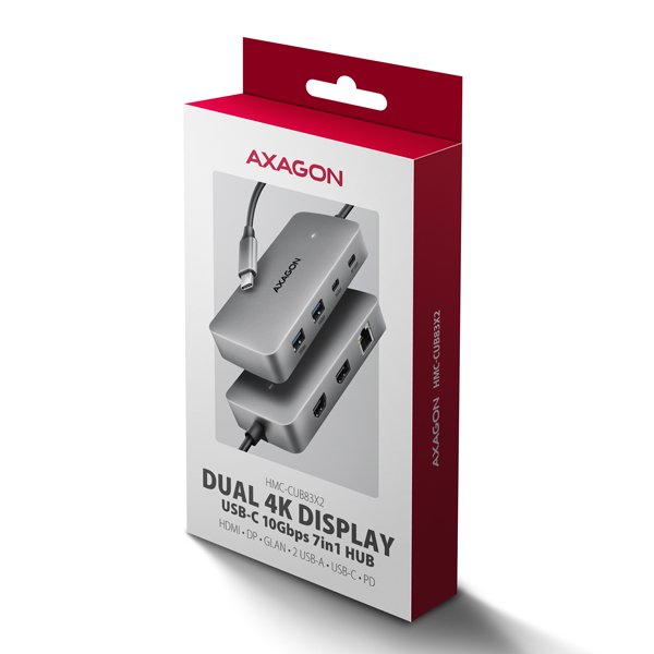 AXAGON HMC-CUB83X2, USB 10Gbps hub, 2x USB-A, USB-C, HDMI & DP 4k / 144Hz, RJ-45, PD 100W, kabel 15cm - obrázek č. 9