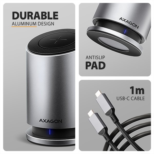 AXAGON HMC-WL9, USB 10Gbps hub s Qi, 3x USB-A, USB-C, HDMI & DP 4k / 60Hz, RJ-45, PD 100W, kabel 60cm - obrázek č. 6