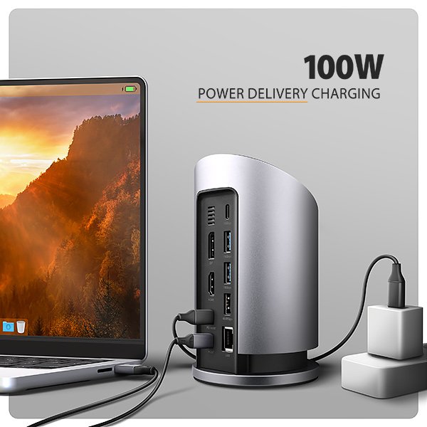 AXAGON HMC-WL9, USB 10Gbps hub s Qi, 3x USB-A, USB-C, HDMI & DP 4k / 60Hz, RJ-45, PD 100W, kabel 60cm - obrázek č. 7