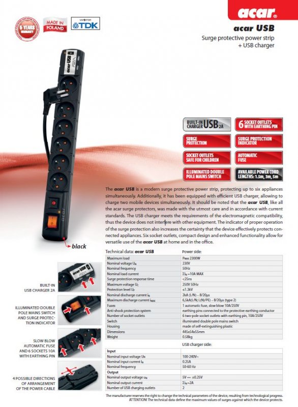 Acar USB 3m kabel 6 zásuvek 2xUSB přep.ochr.černý - obrázek produktu