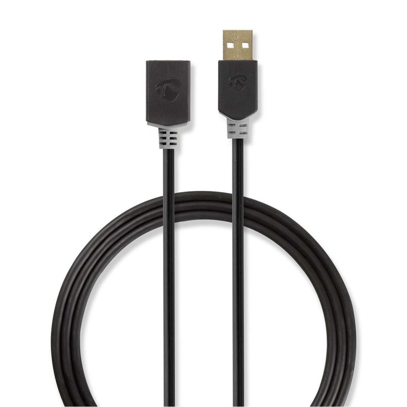 USB kabel | USB 2.0 | USB-A Zástrčka | USB-A Zásuvka | 480 Mbps | Pozlacené | 2.00 m | Kulatý | PVC | Antracitová | Plastový Sáč - obrázek produktu