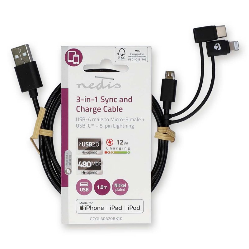 Kabel 3 v 1 | USB 2.0 | USB-A Zástrčka  CCGL60620BK10 - obrázek č. 3