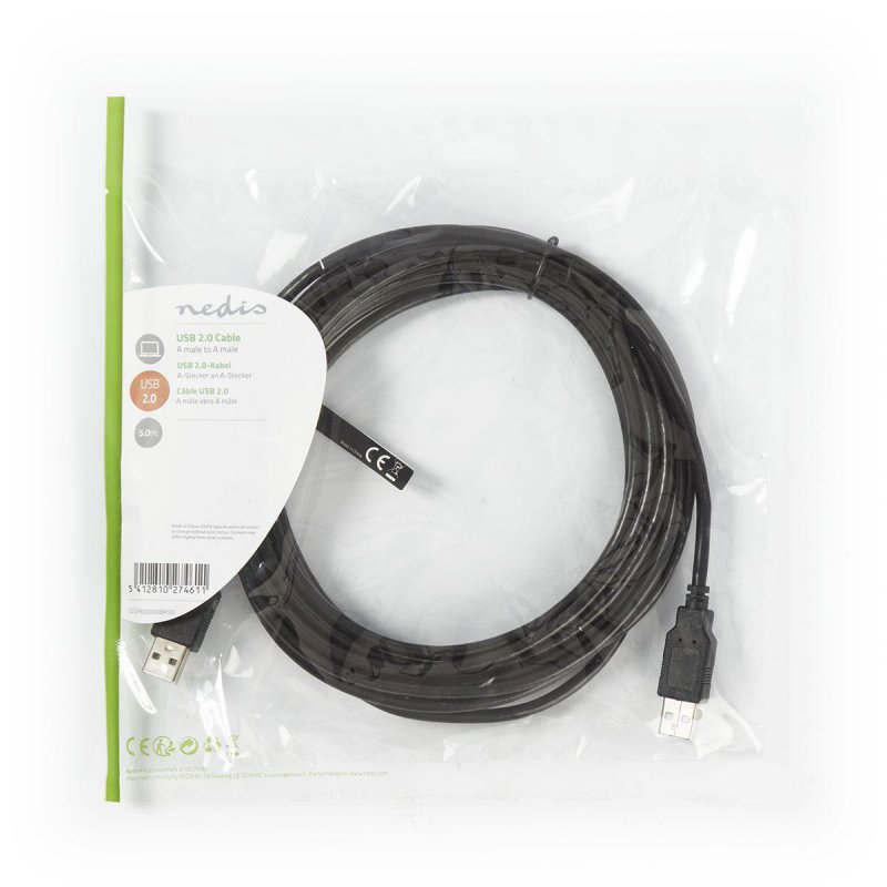 USB kabel | USB 2.0 | USB-A Zástrčka | USB-A Zástrčka | 480 Mbps | Poniklované | 5.00 m | Kulatý | PVC | Černá | Plastový Sáček - obrázek č. 3
