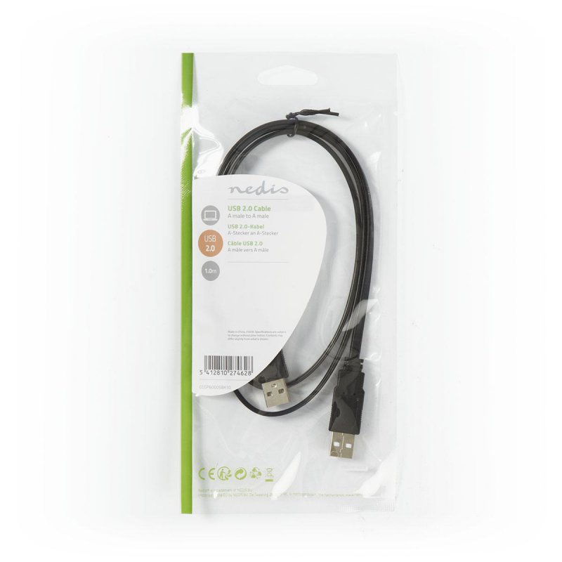 USB kabel | USB 2.0 | USB-A Zástrčka | USB-A Zástrčka | 480 Mbps | Poniklované | 1.00 m | Plochý | PVC | Černá | Plastový Sáček - obrázek č. 3