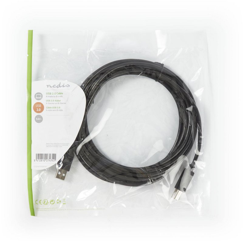 USB kabel | USB 2.0 | USB-A Zástrčka | USB-B Zástrčka | 10 W | 480 Mbps | Poniklované | 5.00 m | Kulatý | PVC | Černá | Obálka - obrázek č. 3