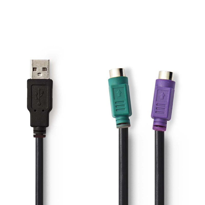 Kabel 2 v 1 | USB 2.0 | USB-A Zástrčka | 2x PS/2 Zásuvka | 480 Mbps | 0.30 m | Poniklované | Kulatý | PVC | Černá | Plastový Sáč - obrázek produktu