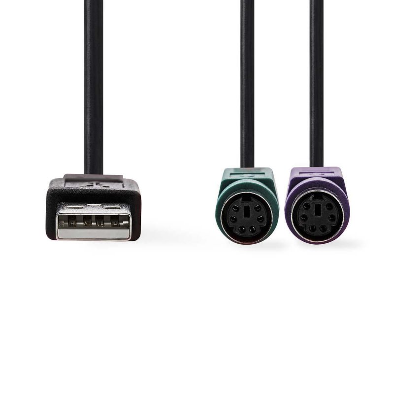 Kabel 2 v 1 | USB 2.0 | USB-A Zástrčka | 2x PS/2 Zásuvka | 480 Mbps | 0.30 m | Poniklované | Kulatý | PVC | Černá | Plastový Sáč - obrázek č. 1