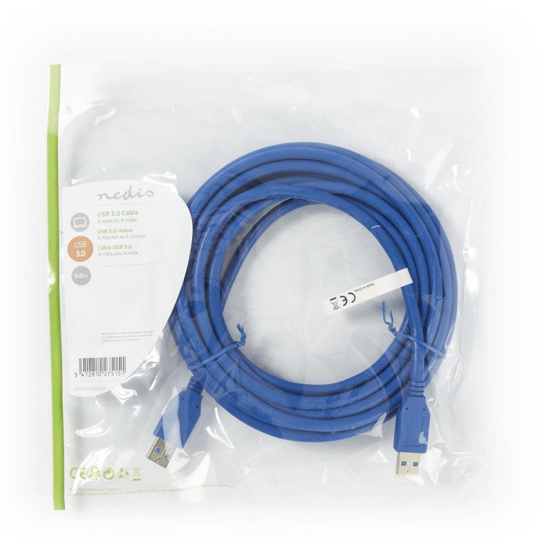 USB kabel | USB 3.2 Gen 1 | USB-A Zástrčka | USB-A Zástrčka | 5 Gbps | Poniklované | 5.00 m | Kulatý | PVC | Modrá | Plastový Sá - obrázek č. 3