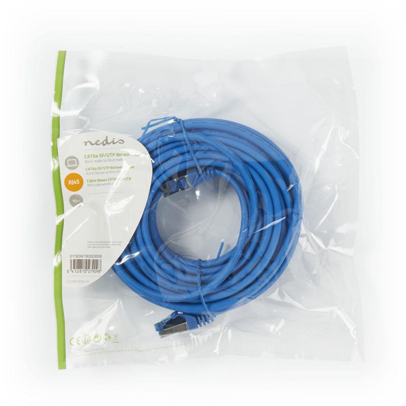 Cat 6a kabel | SF / UTP | RJ45 (8P8C) Zástrčka | RJ45 (8P8C) Zástrčka | 10.0 m | Kulatý | PVC LSZH | Modrá | Plastový Sáček - obrázek produktu