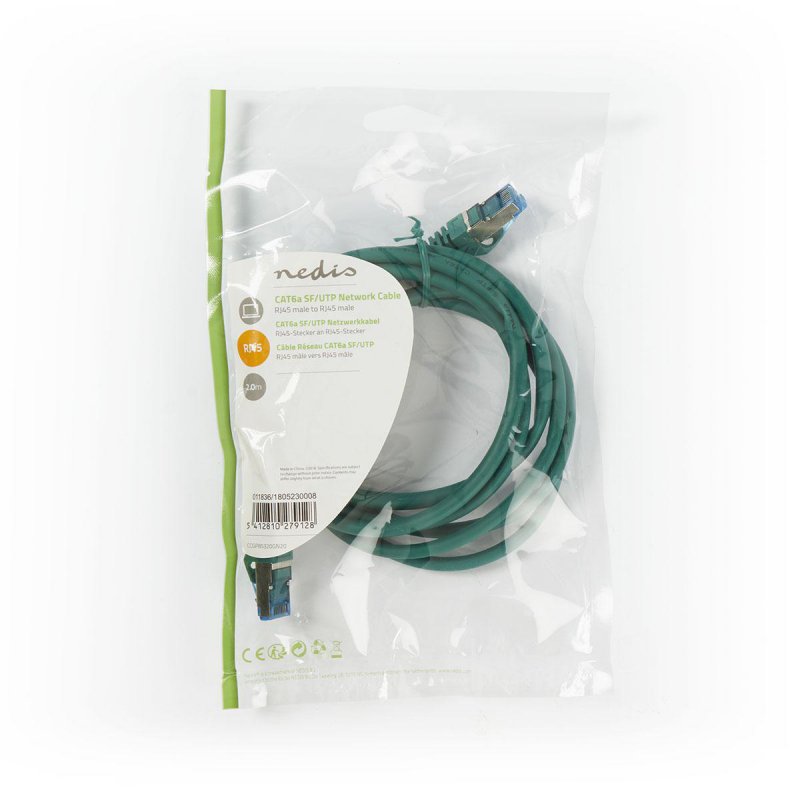 Cat 6a kabel | SF / UTP | RJ45 (8P8C) Zástrčka | RJ45 (8P8C) Zástrčka | 2.00 m | Kulatý | PVC LSZH | Zelená | Plastový Sáček - obrázek č. 3