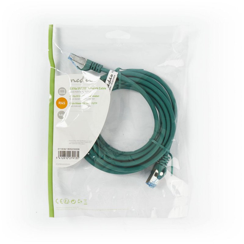 Cat 6a kabel | SF / UTP | RJ45 (8P8C) Zástrčka | RJ45 (8P8C) Zástrčka | 3.00 m | Kulatý | PVC LSZH | Zelená | Plastový Sáček - obrázek č. 3
