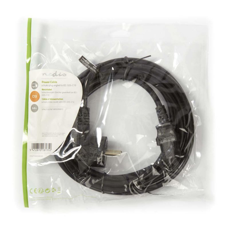 Napájecí kabel | Typ F Zástrčka | IEC-320-C13 | Úhlový | Přímý | Poniklované | 3.00 m | Kulatý | PVC | Černá | Obálka - obrázek č. 3