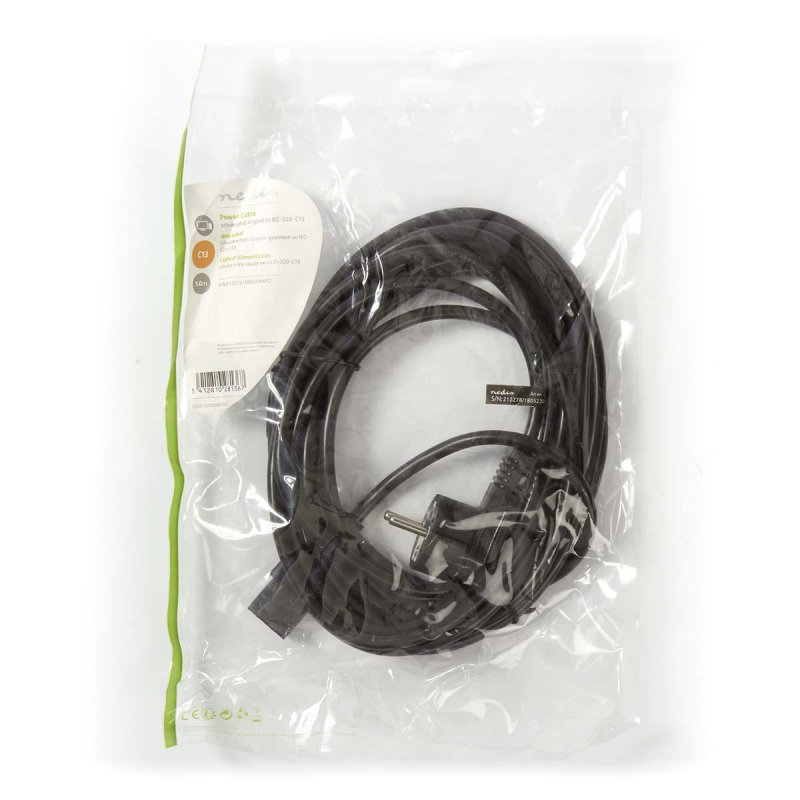 Napájecí kabel | Typ F Zástrčka | IEC-320-C13 | Úhlový | Přímý | Poniklované | 5.00 m | Kulatý | PVC | Černá | Obálka - obrázek č. 3