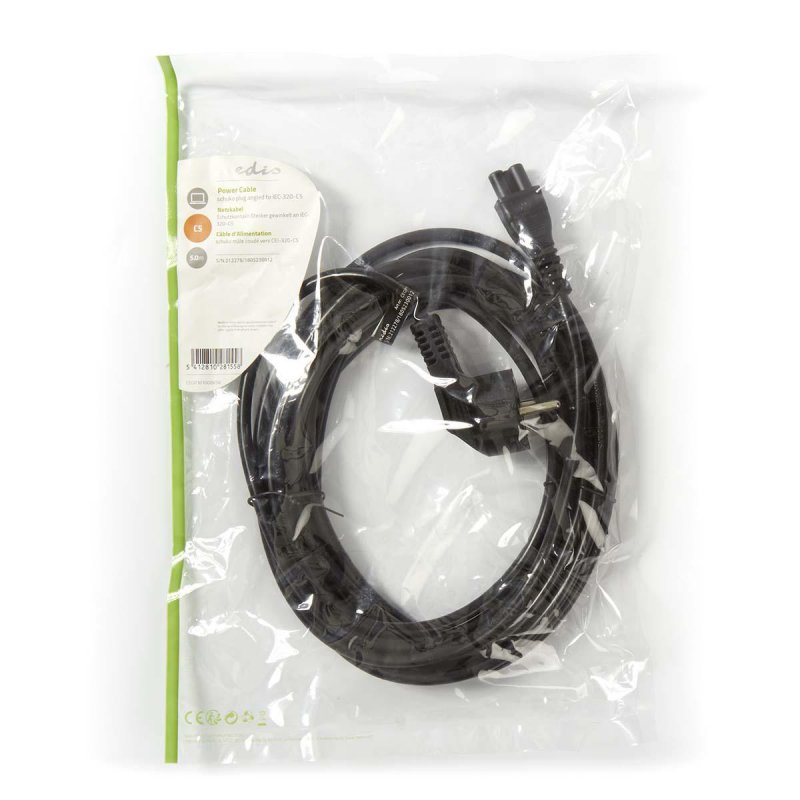 Napájecí kabel | Typ F Zástrčka | IEC-320-C5 | Úhlový | Přímý | Poniklované | 5.00 m | Kulatý | PVC | Černá | Obálka - obrázek č. 3