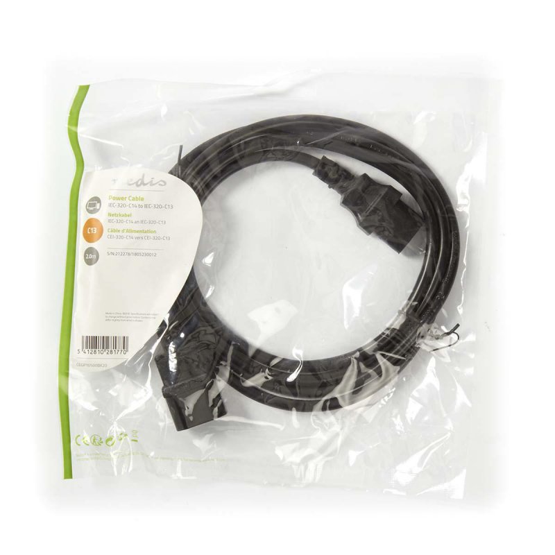 Napájecí kabel | IEC-320-C14 | IEC-320-C13 | Přímý | Přímý | Poniklované | 2.00 m | Kulatý | PVC | Černá | Obálka - obrázek č. 3