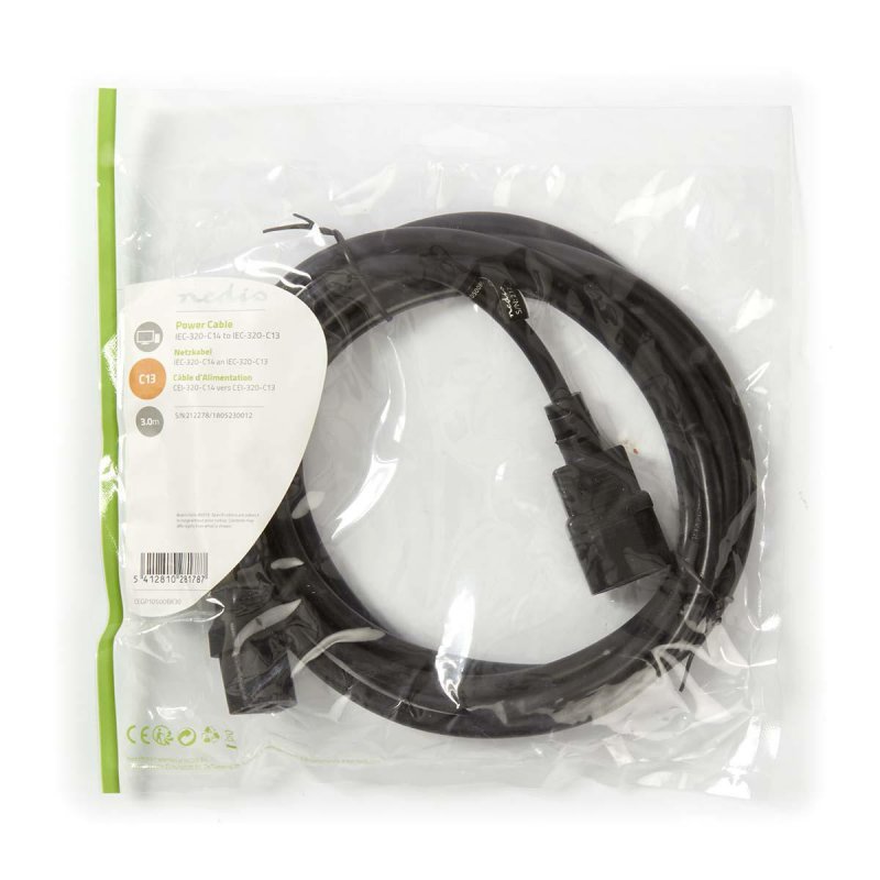 Napájecí kabel | IEC-320-C14 | IEC-320-C13 | Přímý | Přímý | Poniklované | 3.00 m | Kulatý | PVC | Černá | Plastový Sáček - obrázek č. 3