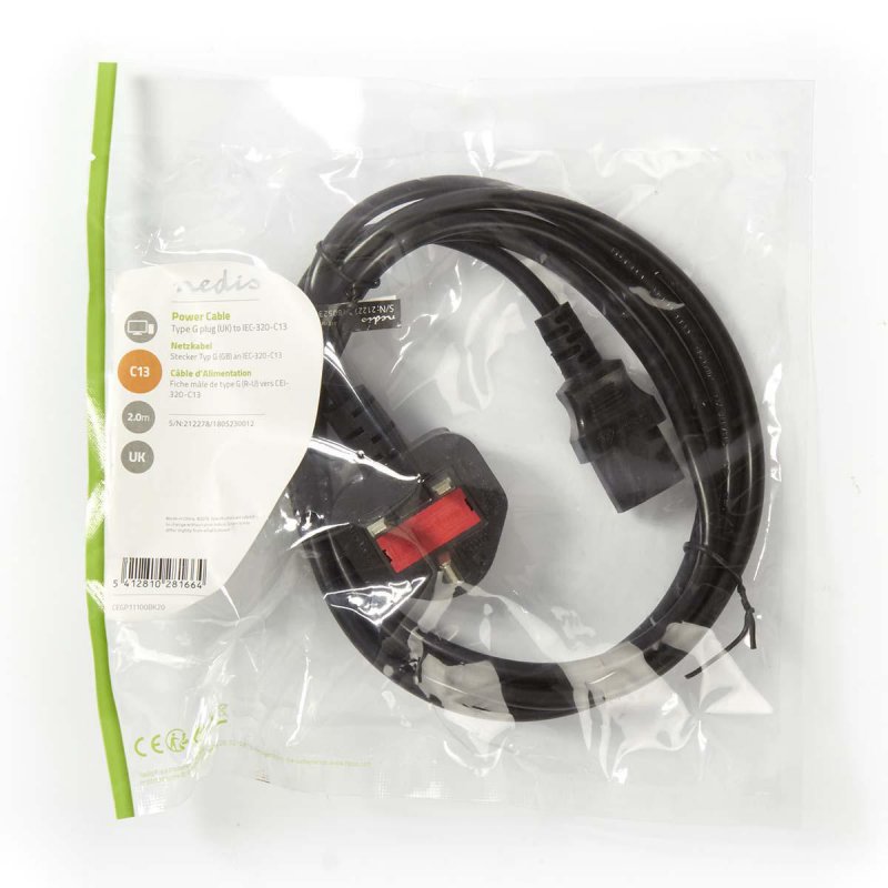 Napájecí kabel | UK Zástrčka | IEC-320-C13 | Úhlový | Přímý | Poniklované | 2.00 m | Kulatý | PVC | Černá | Plastový Sáček - obrázek č. 3