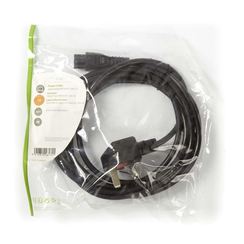 Napájecí kabel | UK Zástrčka | IEC-320-C5 | Úhlový | Přímý | Poniklované | 3.00 m | Kulatý | PVC | Černá | Plastový Sáček - obrázek č. 3