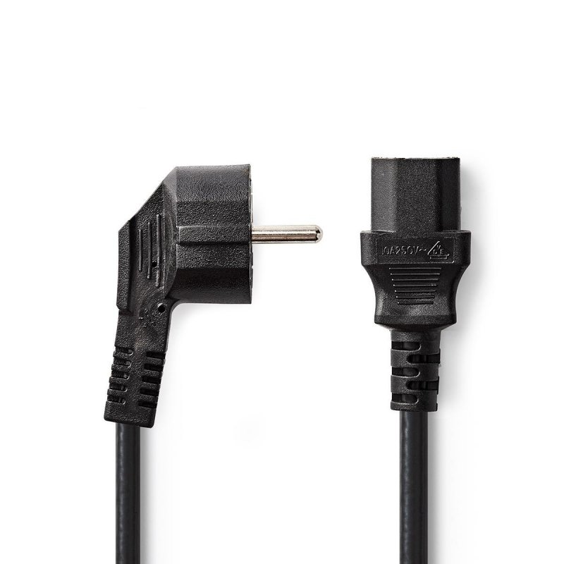 Napájecí kabel | Typ F Zástrčka | IEC-320-C13 | Úhlový 90° | Přímý | Poniklované | 2.00 m | Kulatý | PVC | Černá | Štítek - obrázek produktu