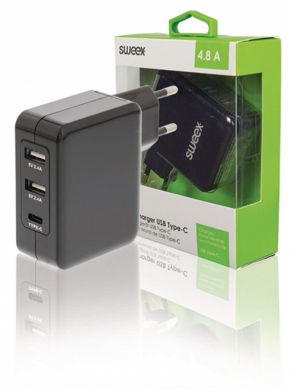 Nabíječka 3-Výstupy 4.8 A 2x USB / USB-C Černá - obrázek produktu
