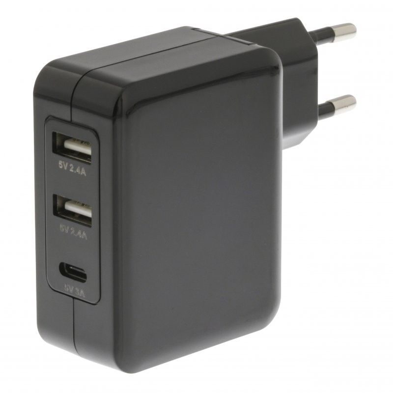 Nabíječka 3-Výstupy 4.8 A 2x USB / USB-C Černá - obrázek č. 1