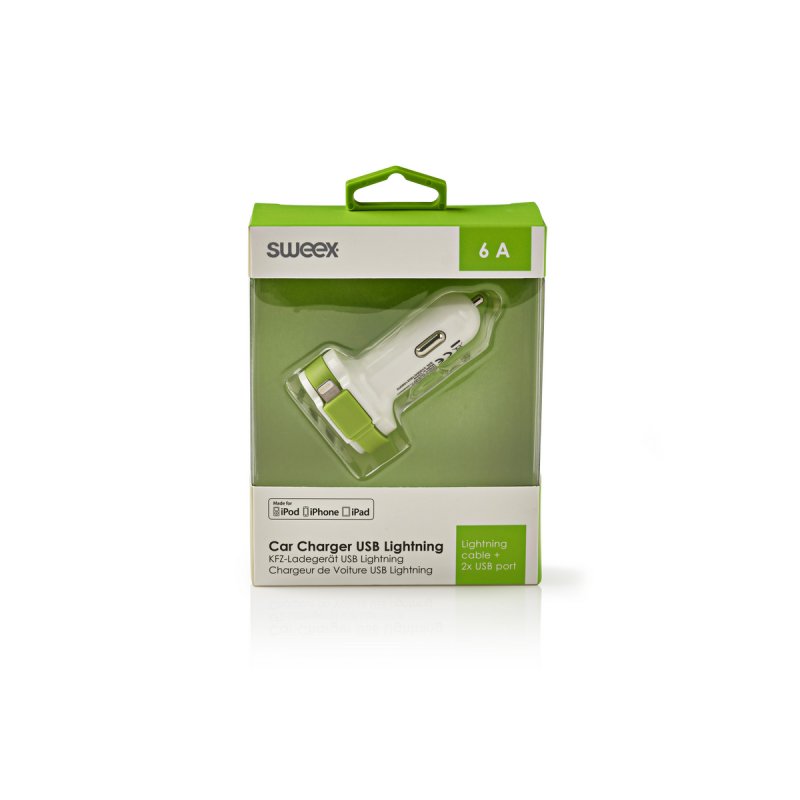 Nabíječka Do Auta 3-Výstupy 6 A 2x USB / Apple Lightning Bílá/Zelená - obrázek č. 3