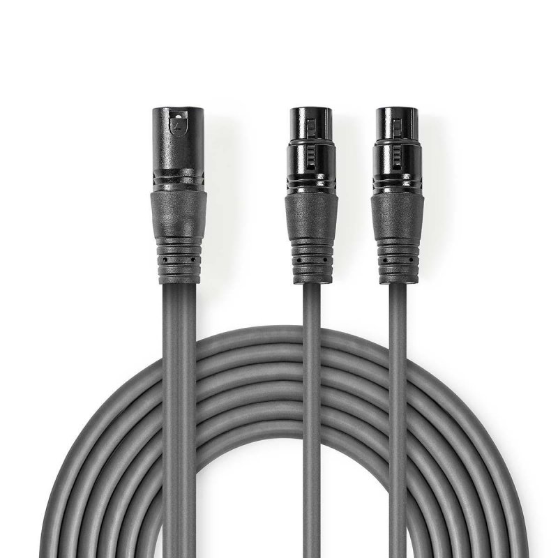 Vyvážený Audio kabel | XLR 3pinový Zástrčka | 2x XLR 3pinová Zásuvka | Poniklované | 1.50 m | Kulatý | PVC | Tmavě šedá | Karton - obrázek produktu