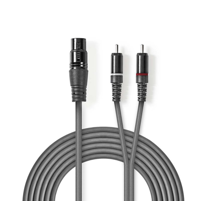 Vyvážený Audio kabel | XLR 3kolíková Zásuvka | 2x RCA Zástrčka | Poniklované | 1.50 m | Kulatý | PVC | Tmavě šedá | Karton - obrázek produktu