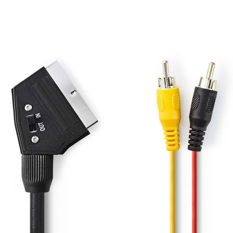SCART kabel | SCART Zástrčka | 2x RCA Zástrčka | Poniklované | Přepínatelné | 480p | 2.00 m | Kulatý | PVC | Černá | Plastový Sá - obrázek produktu
