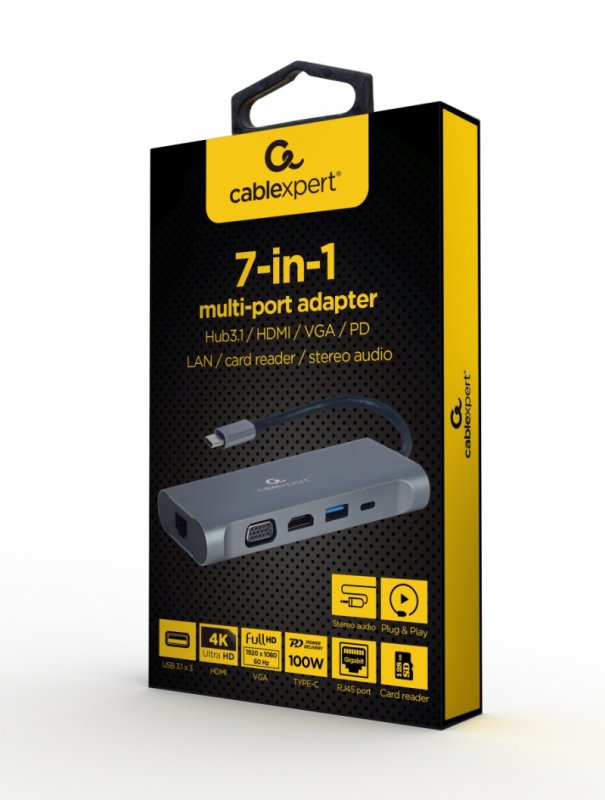 Gembird USB-C 7v1 multiport USB 3.0 + HDMI + VGA + PD + čtečka karet + stereo audio - obrázek č. 2