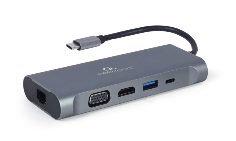 Gembird USB-C 7v1 multiport USB 3.0 + HDMI + VGA + PD + čtečka karet + stereo audio - obrázek produktu