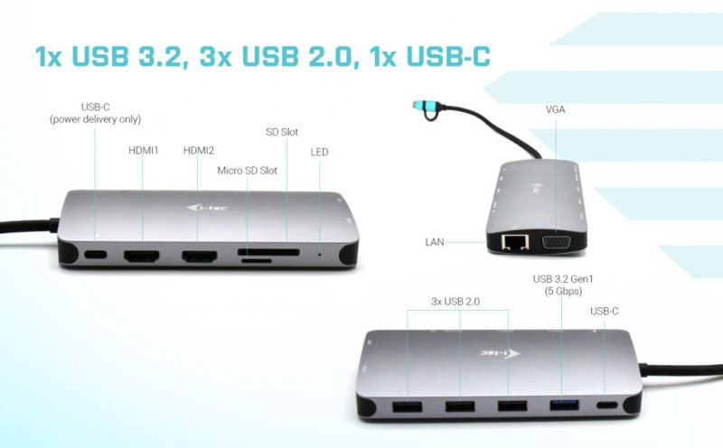 i-tec USB 3.0/ USB-C/ TB3 3x Display Metal Nano Dock with LAN, PD 100W - obrázek č. 9