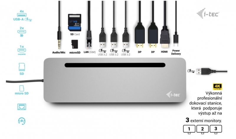 i-tec USB-C Metal Ergonomic 3x 4K Display Docking Station, Power Delivery 100 W - obrázek č. 1