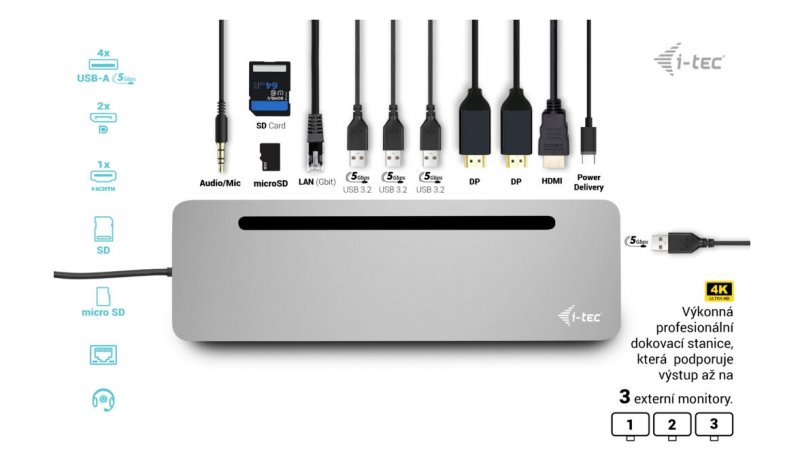 i-tec USB-C Metal Ergonomic 3x 4K Display Docking Station, PD100W + i-tec Universal Charger 100W - obrázek č. 1
