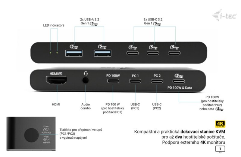 i-tec KVM Docking Station HDMI for 2 hosts, Power Delivery 2x 100W - obrázek č. 3