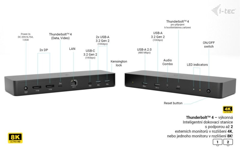 i-tec Thunderbolt 4 Intelligent Dual Display Docking Station, Power Delivery 90W - obrázek č. 6