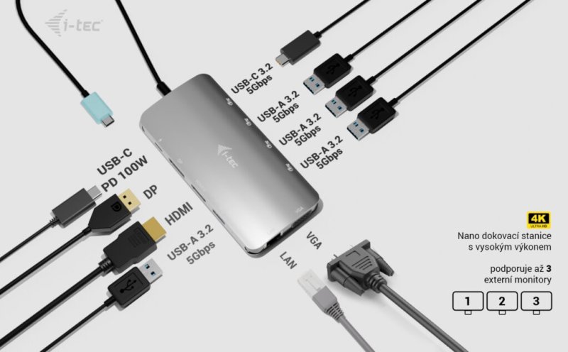 i-tec USB-C Metal Nano 3x Display (DP, HDMI and VGA) Docking Station, Power Delivery 100W - obrázek č. 3