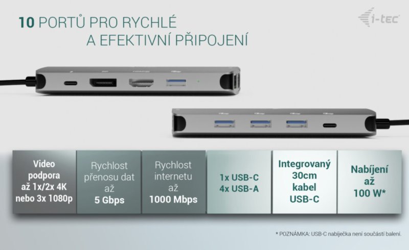 i-tec USB-C Metal Nano 3x Display (DP, HDMI and VGA) Docking Station, Power Delivery 100W - obrázek č. 2