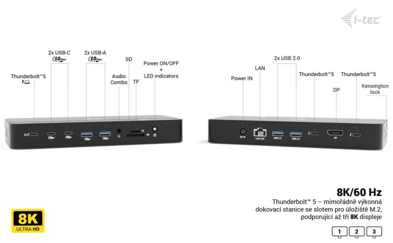 i-tec Thunderbolt 5 Triple Display Docking Station, M.2 slot, 6x USB, 2.5 GLAN, Power Delivery 140W - obrázek č. 8