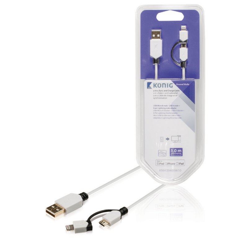 2 v 1 Synchronizační a Nabíjecí Kabel USB A Zástrčka - Micro B Zástrčka 1.00 m Bílá + Adaptér Lightning - obrázek produktu